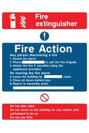 Fire Extinguisher Fire Action Any Person Discovering A Fire Sound The Alarm Phone … Do Not Use Lifts Sign